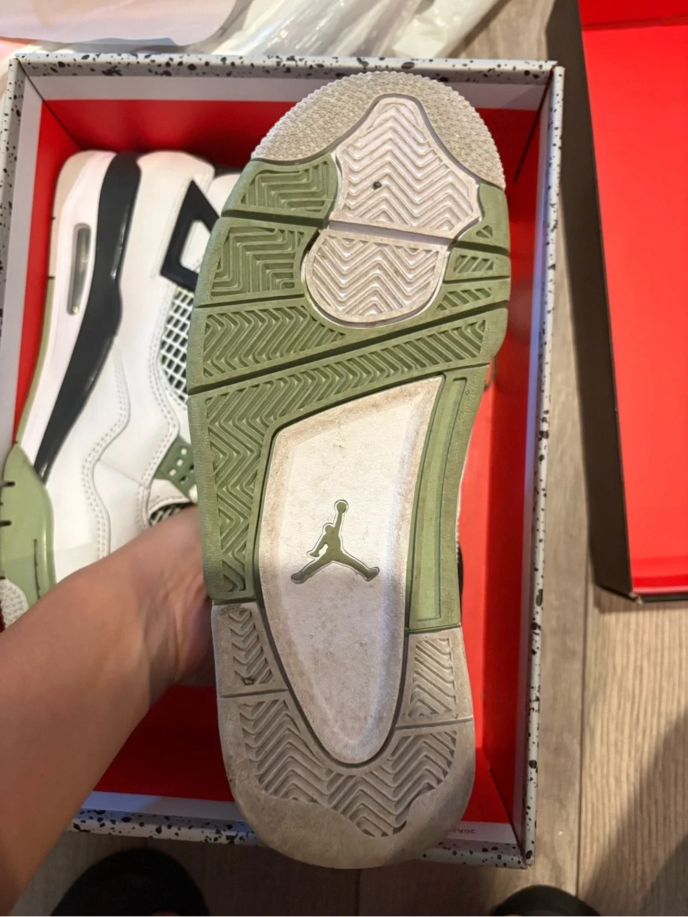 Jordan 4s White and Olive Green Basketball Sneakers